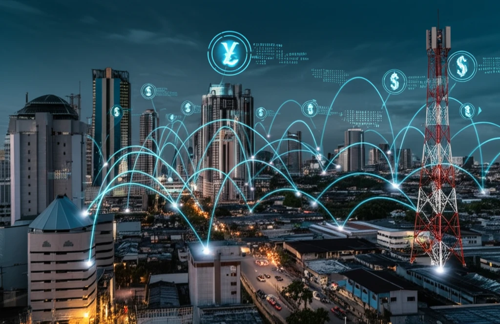 Digital illustration of a Nigerian city with data streams, symbolizing data consumption and economic factors.