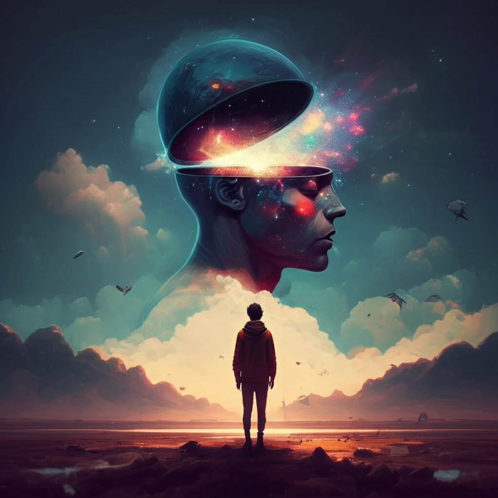 Person with head open, galaxy inside representing thoughts and emotions.