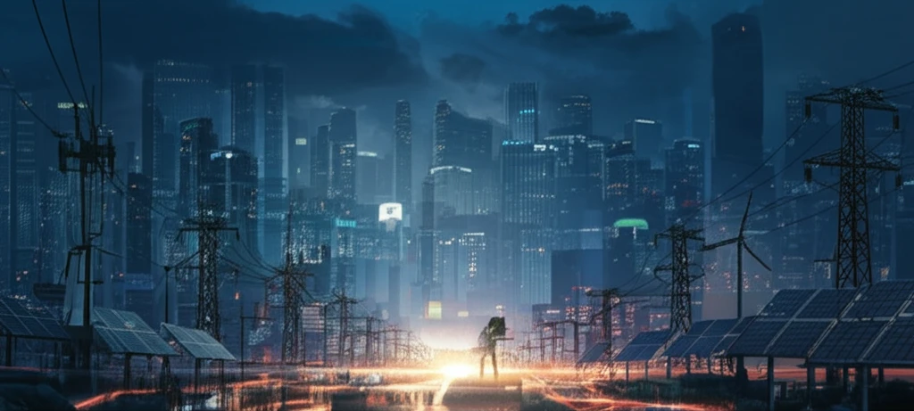 Futuristic cityscape powered by a smart grid with D-STATCOM units ensuring stable energy flow.