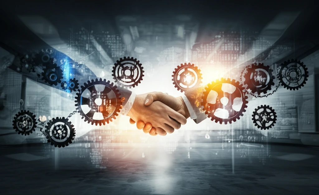 Interconnected gears with light beams and a handshake symbolizing supply chain efficiency.