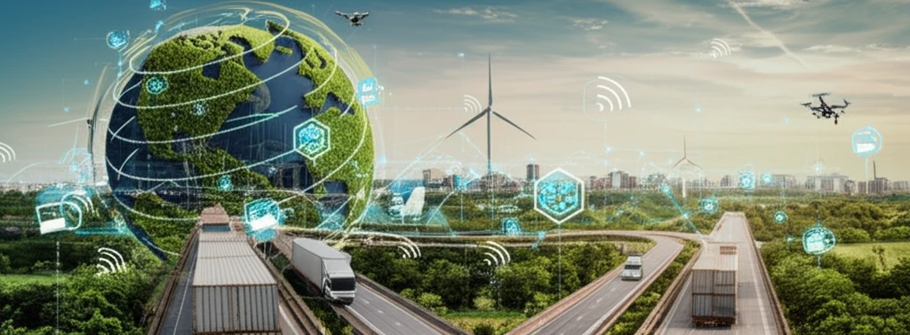 Sustainable global supply chains with interconnected transportation methods.