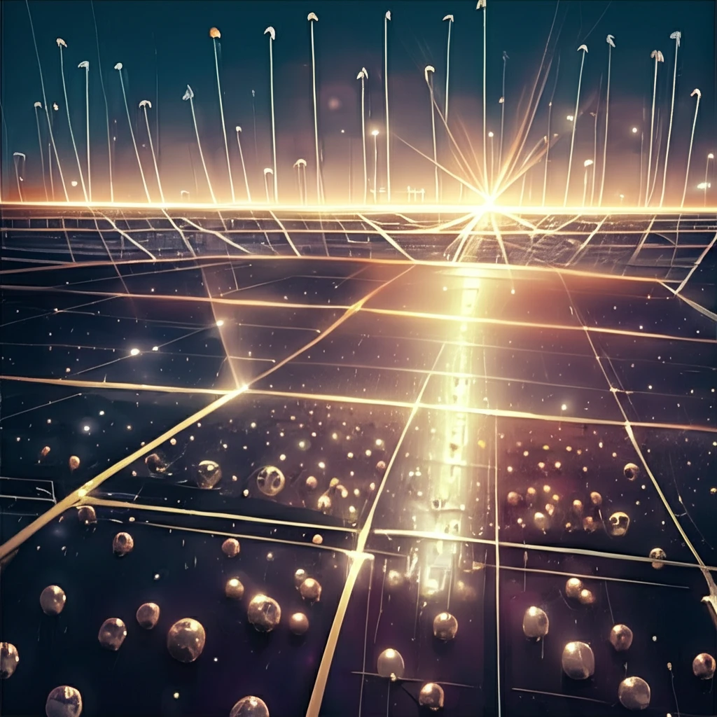 Sunlight amplified by silver nanoparticles on a solar panel, with a solar farm in background.