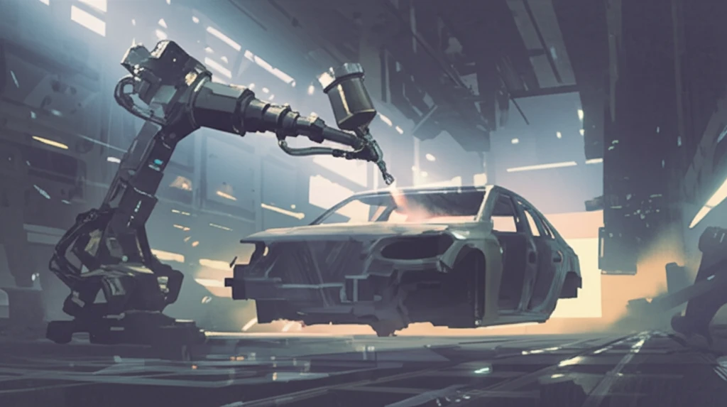 Robotic arm spray painting a car chassis in a futuristic factory.