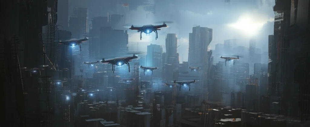 A drone swarm mimicking a flock of birds against a futuristic cityscape.