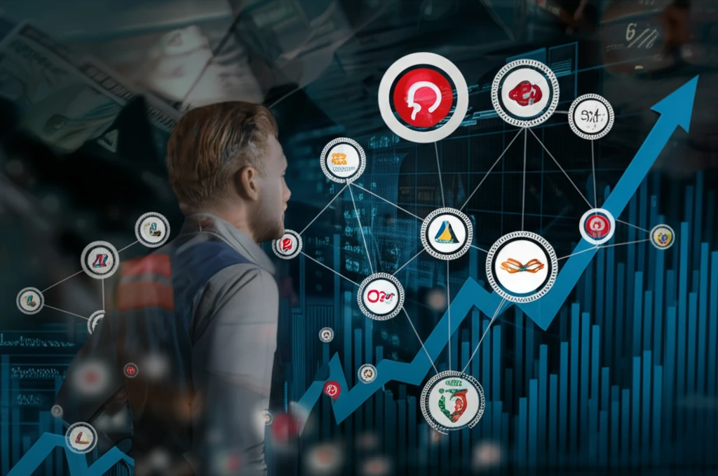Celebrity surrounded by brand logos with a trending graph in the background.