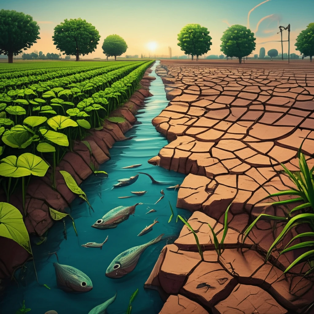Pesticide Runoff Impact: A visual representation of the contrasting health of freshwater ecosystems due to agricultural pesticide use.