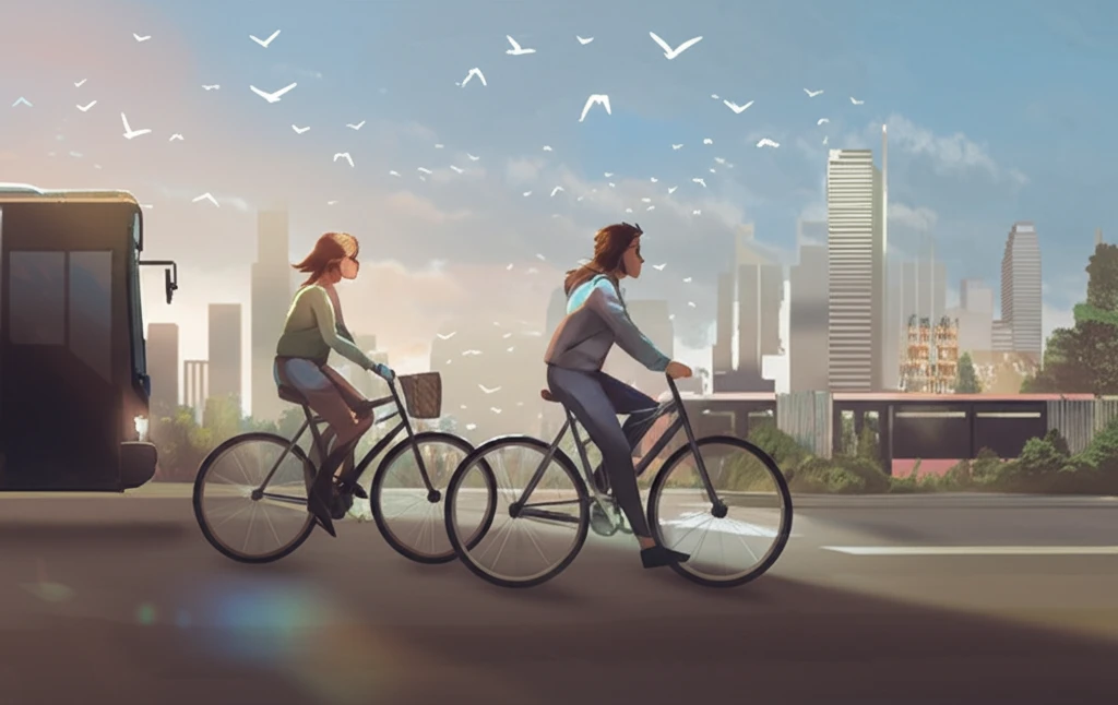 Diverse commuters using public transport and bicycles in city showing sustainable transport.