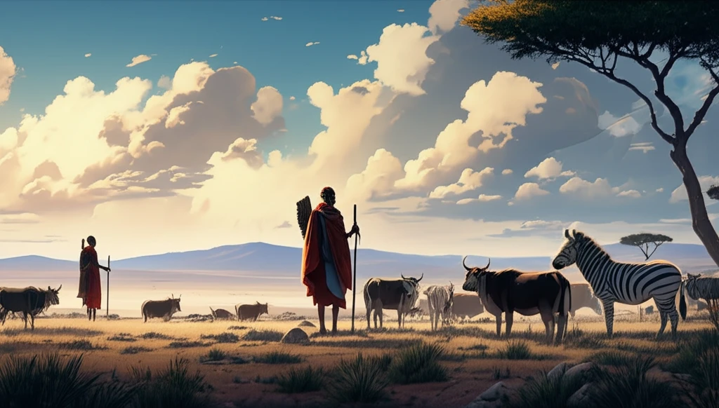 A harmonious coexistence of Maasai herders, livestock, and wildlife on the African savanna.