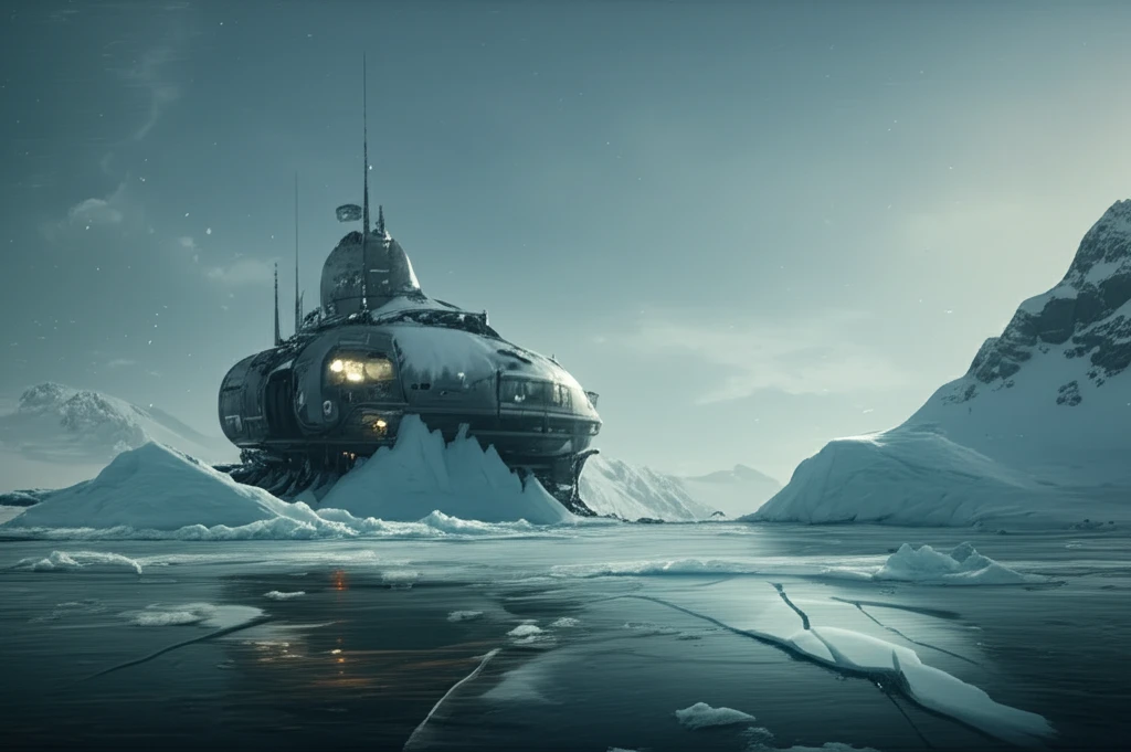 Futuristic Arctic research station showing ice stress.