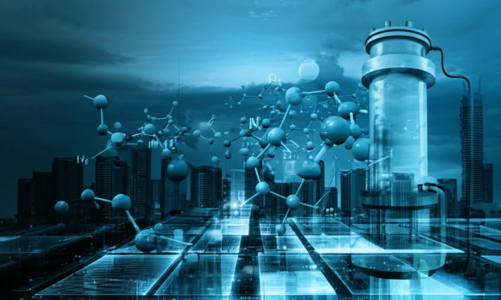 Symbolic illustration of Donaldson's filtration system and Evonik's chemical structures against a futuristic cityscape.