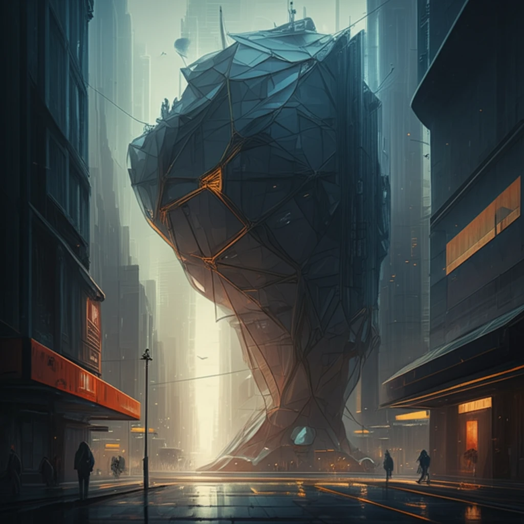 Futuristic cityscape featuring a strong and elegant polygonal steel structure.