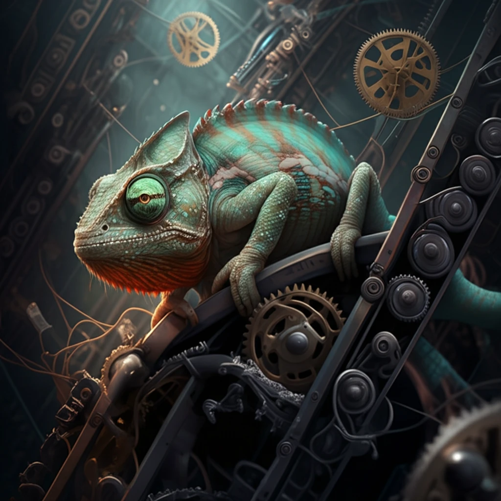 Chameleon blending into a supply chain, representing agility.