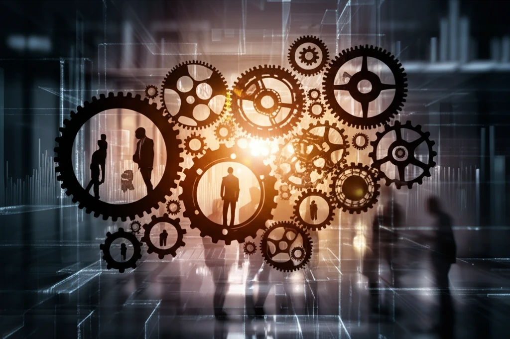Interconnected gears and human silhouettes representing sociology and human resources in a workplace.