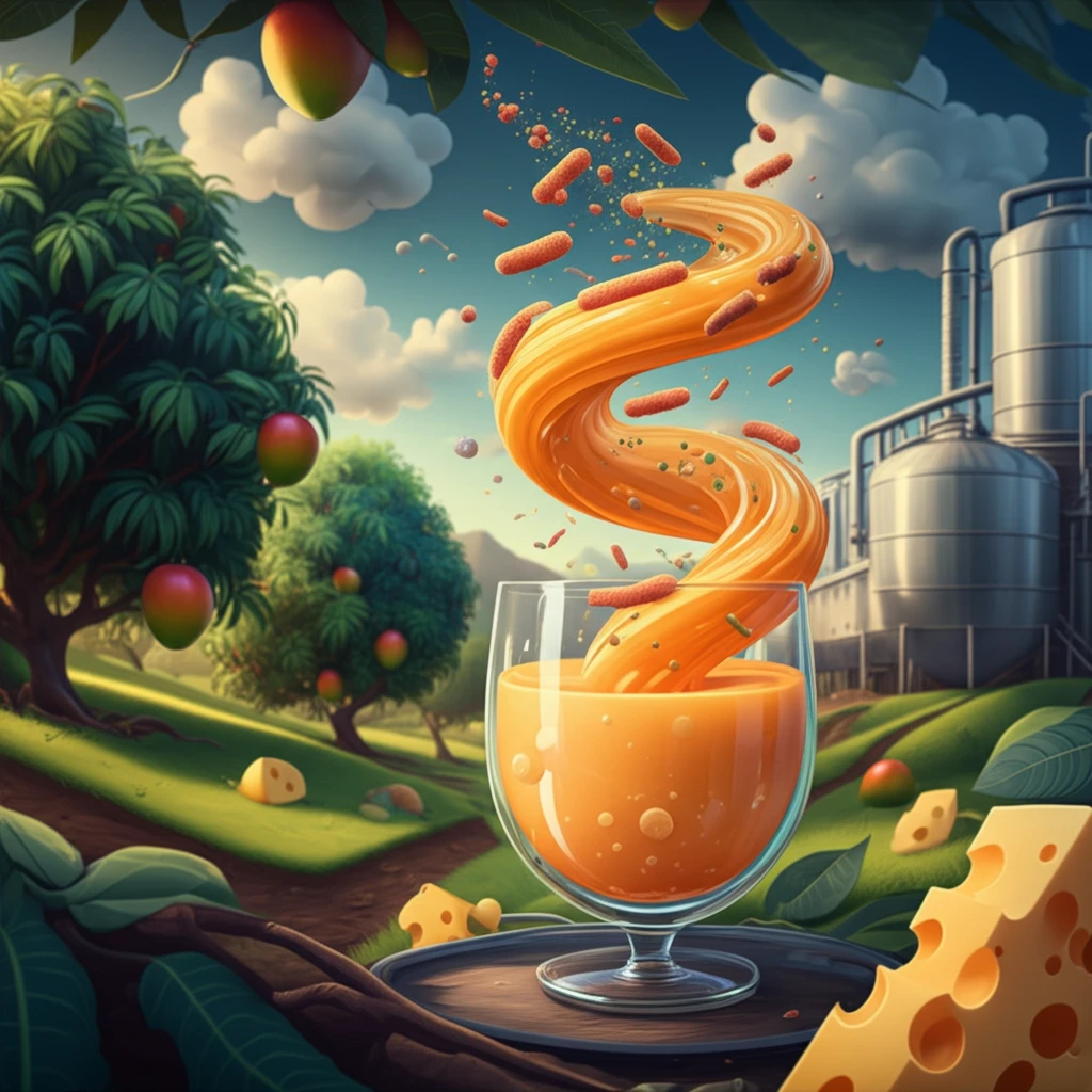 A glass of fermented mango whey drink with swirling bacteria, set against a mango grove and cheese factory.