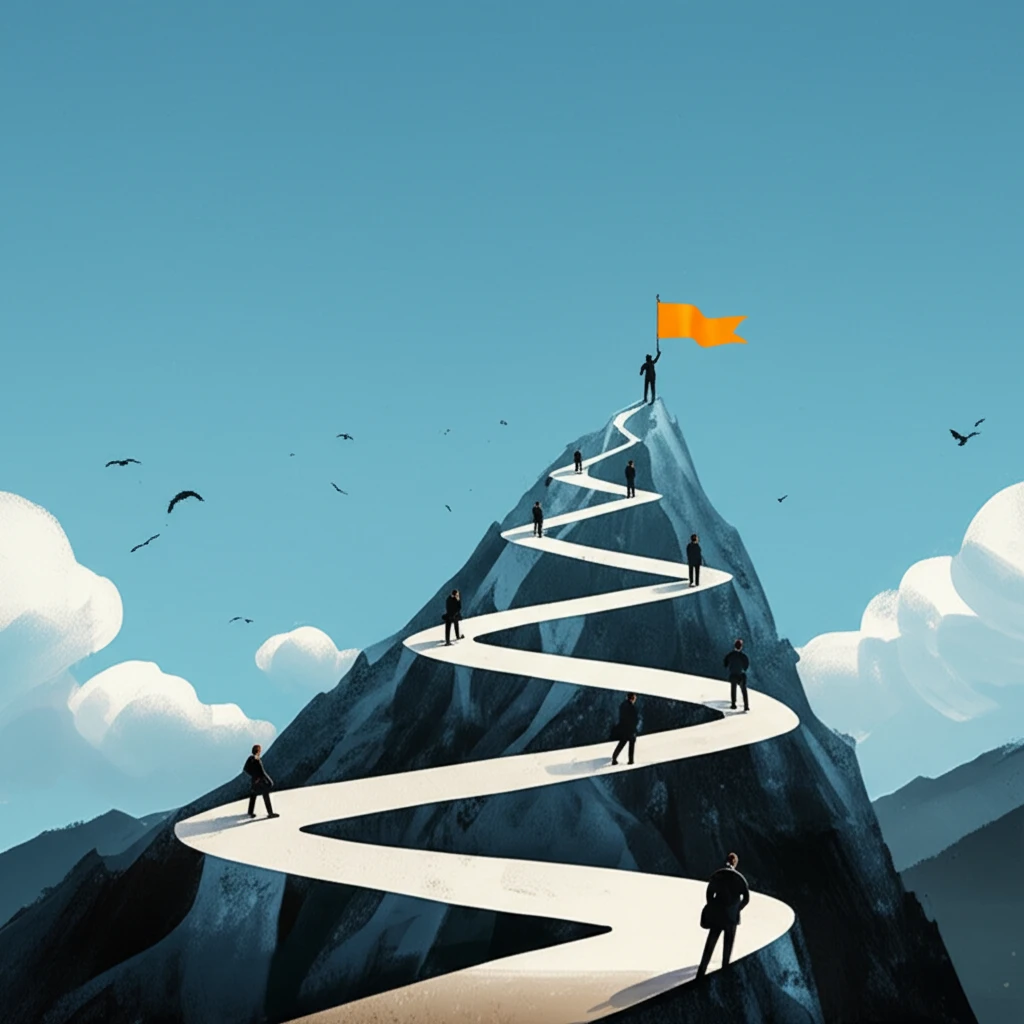 Sales team climbing a mountain, representing goal achievement, with a leader guiding the way.