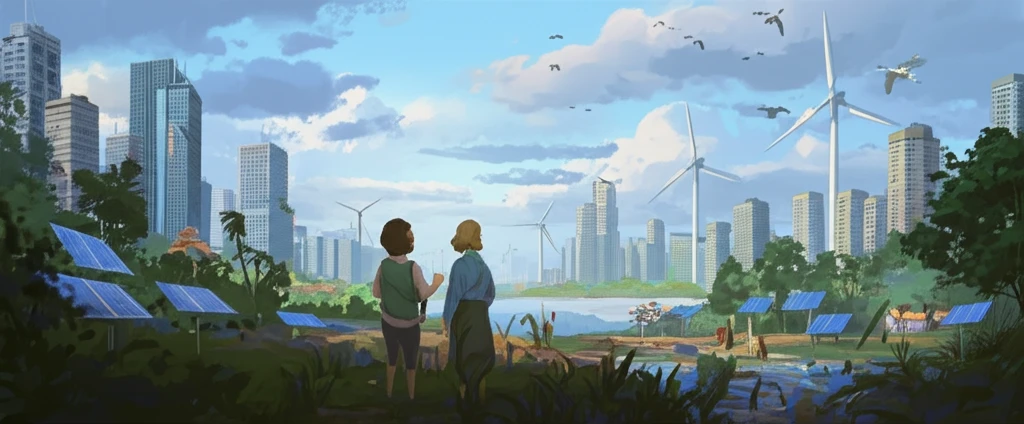 Sustainable cityscape blending urban and natural elements.