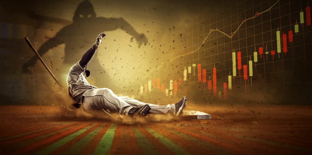 Baseball player sliding into a stock market chart, representing the impact of sports scandals on investments.