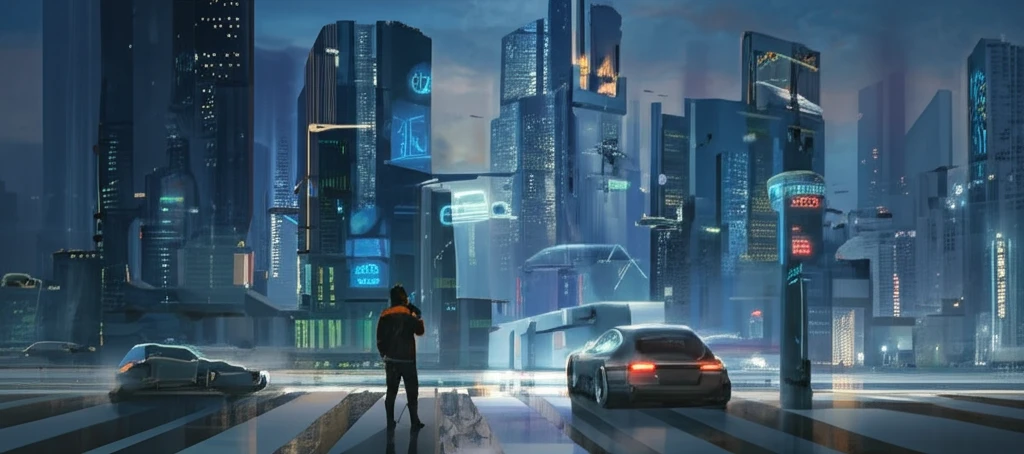 Futuristic cityscape with electric vehicles.