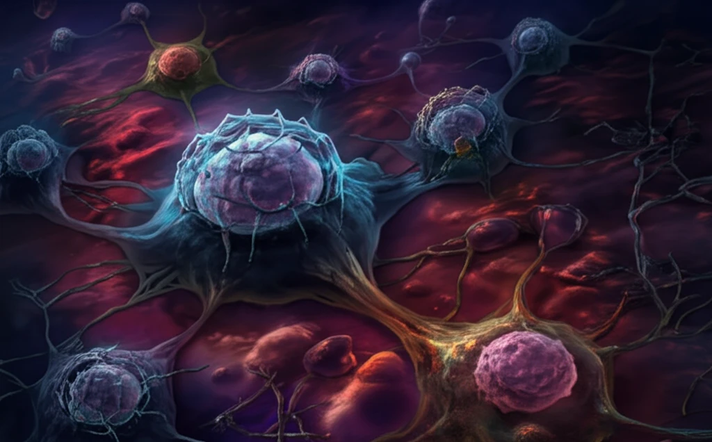 Immune cells attacking cancer cells in bone marrow