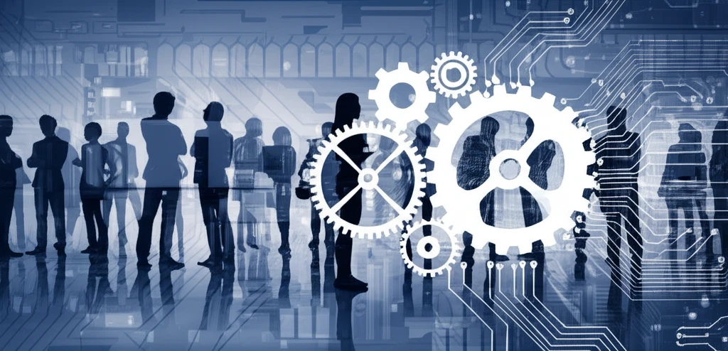 Interconnected gears and circuits symbolizing the flow of credit and its impact on diverse communities.