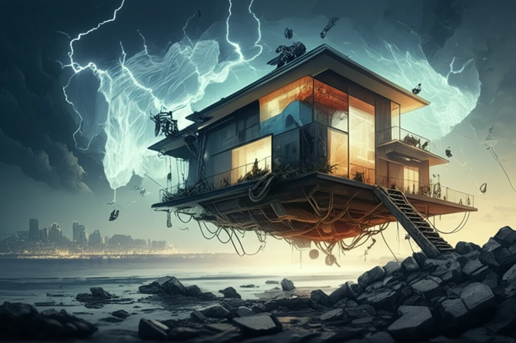 Earthquake-resistant home design featuring structural supports and abstract seismic waves.