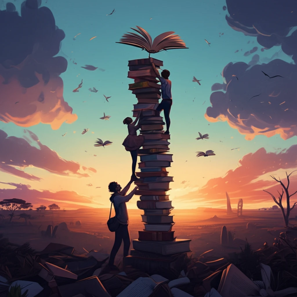 Diverse adults building a tower of books representing knowledge and empowerment.