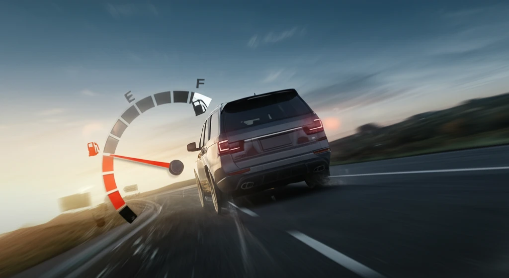 Car being pushed by strong winds, impacting fuel economy.