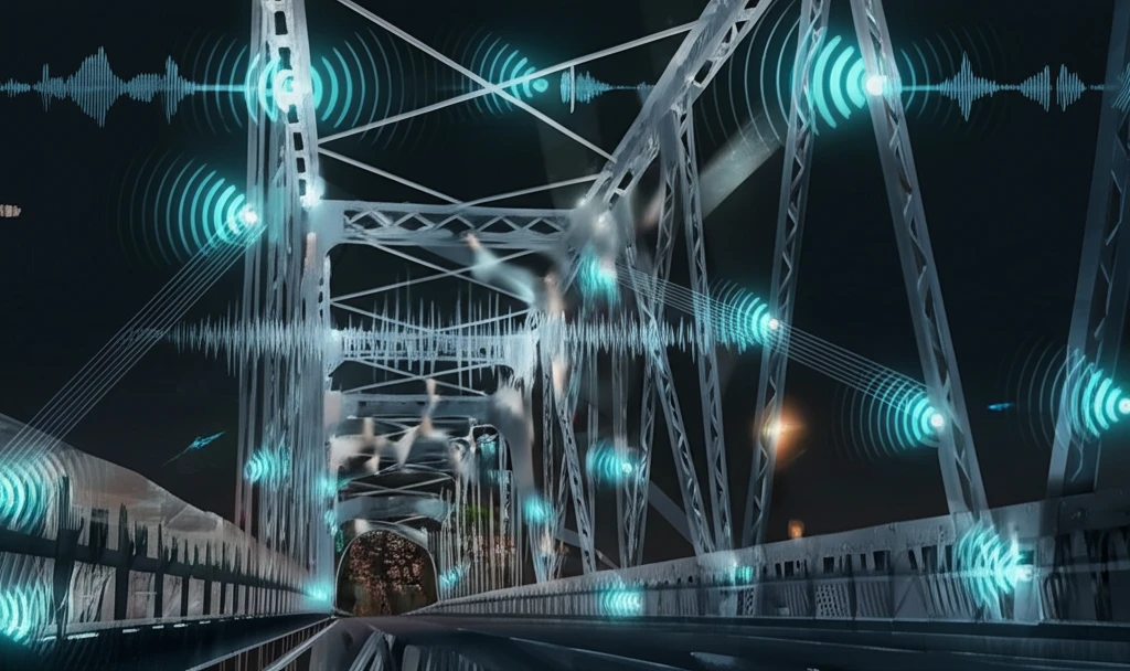 Acoustic sensors detecting stress in a steel bridge.