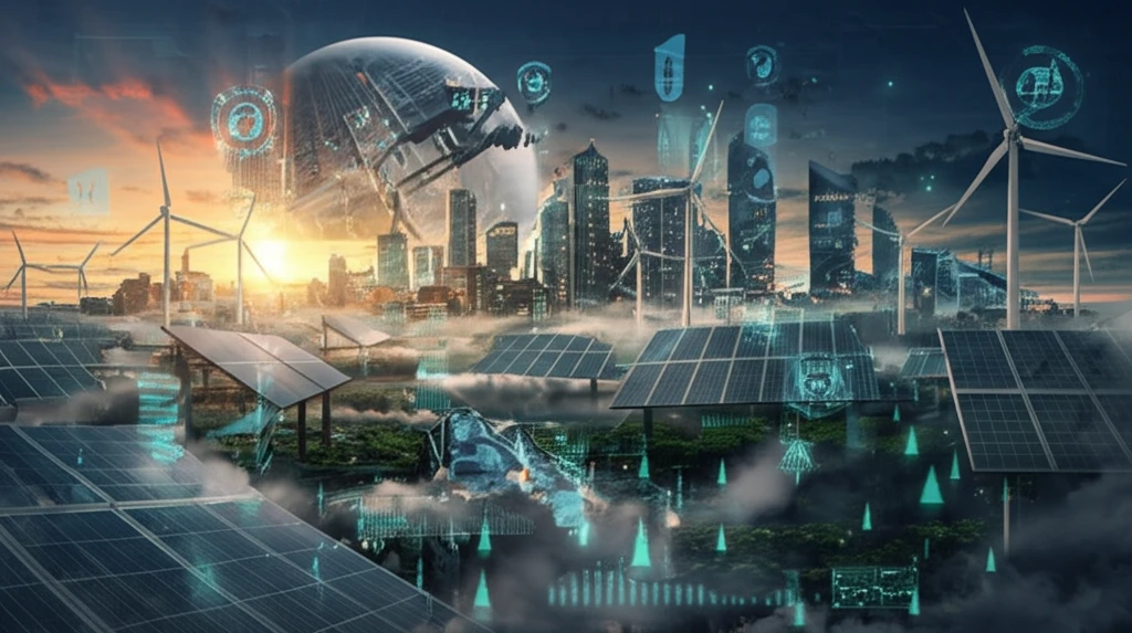 Futuristic cityscape powered by renewable energy.