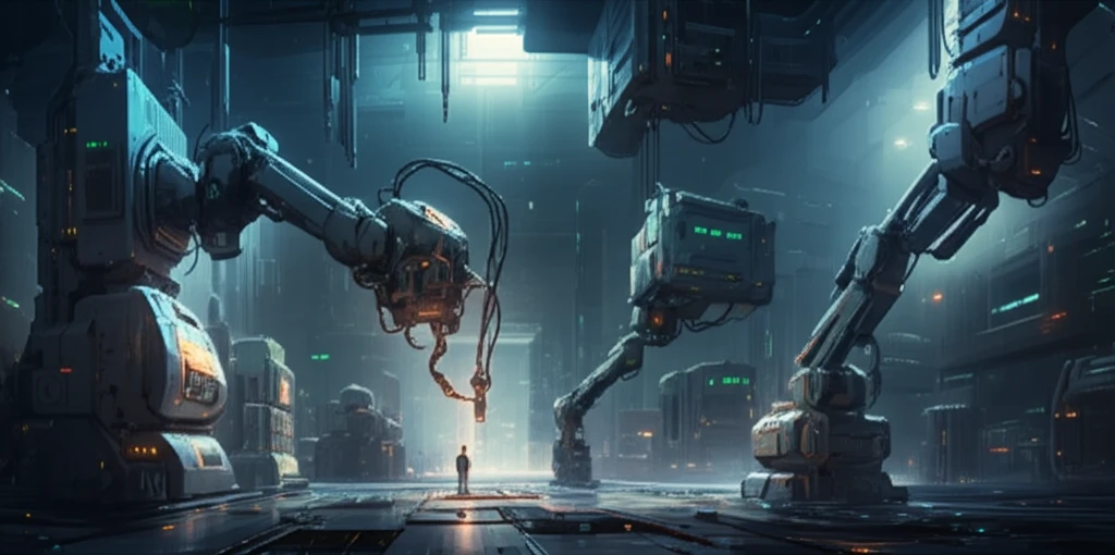 Optimized factory layout with interconnected machines, symbolizing efficient production flow.