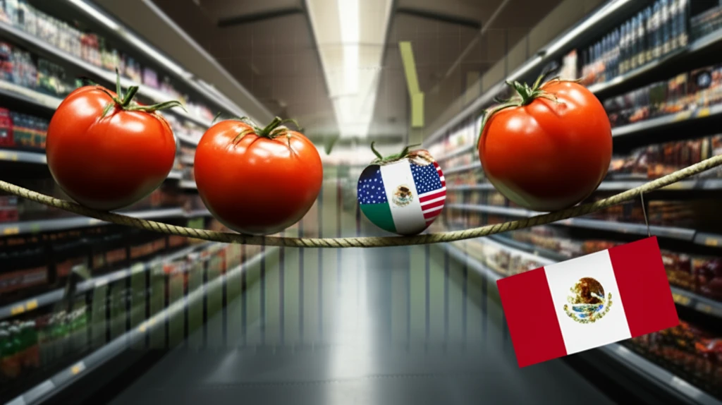 Tomatoes balancing between US and Mexico flags, symbolizing trade agreements.
