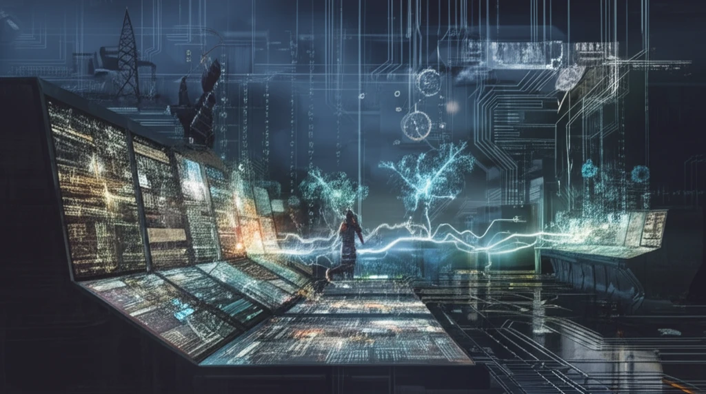 Futuristic microgrid control center under cyber attack, showcasing energy resilience.