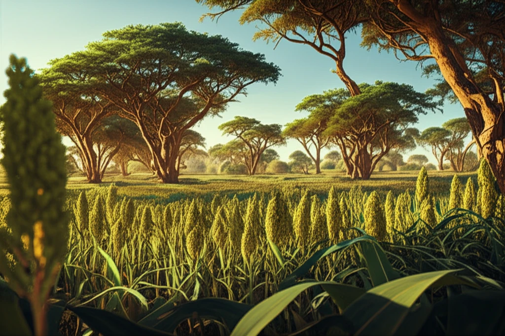 Sorghum field growing under *Acacia senegal* trees.