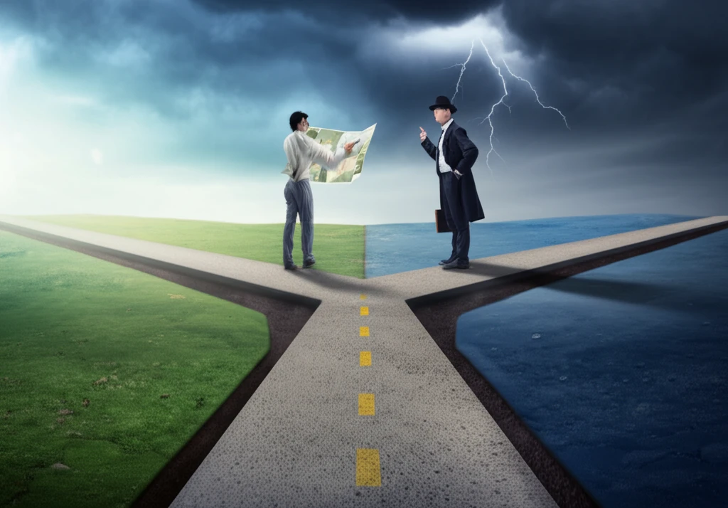 A person at a financial crossroads, guided by an advisor.