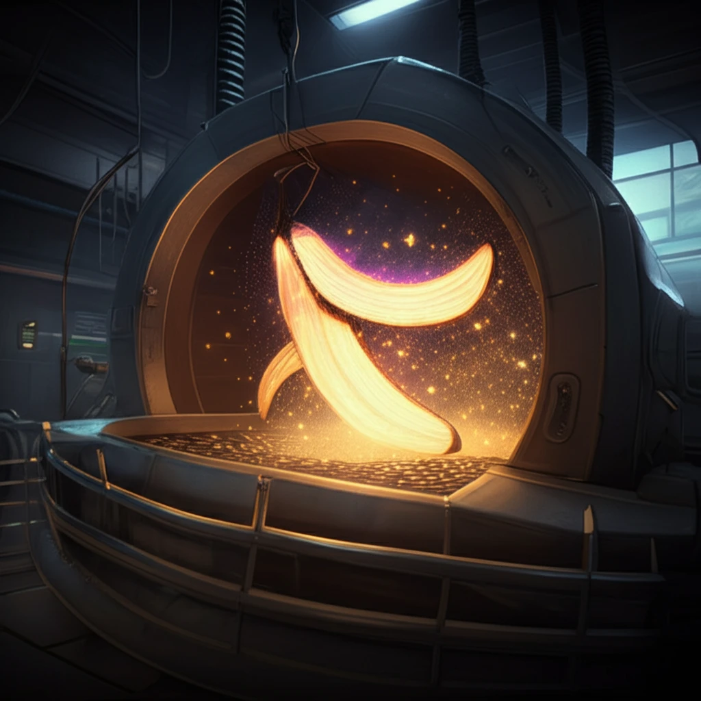 Futuristic image of banana peel drying and transforming into nutritious powder.