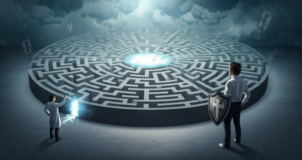 A doctor stands at the entrance of a complex maze, holding a whistle and a shield, symbolizing the challenges of whistleblowing in healthcare.