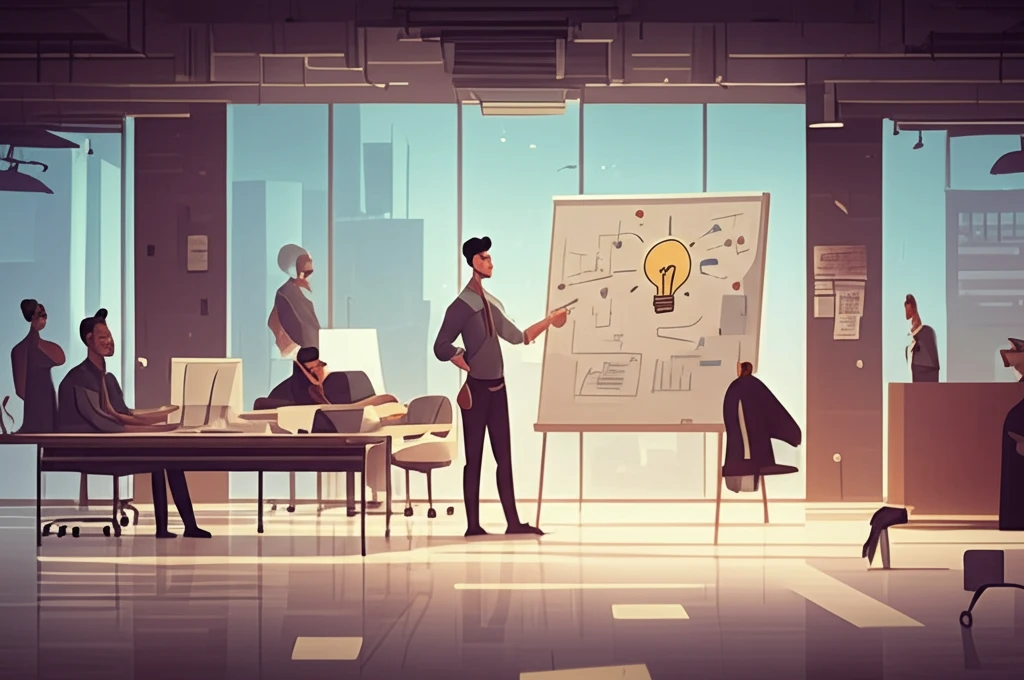 A diverse team collaborates in a modern advertising agency, brainstorming ideas in a vibrant, open space.