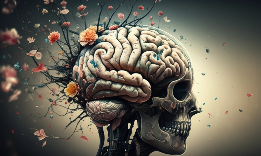Brain with blossoming flowers, representing renewed mental clarity