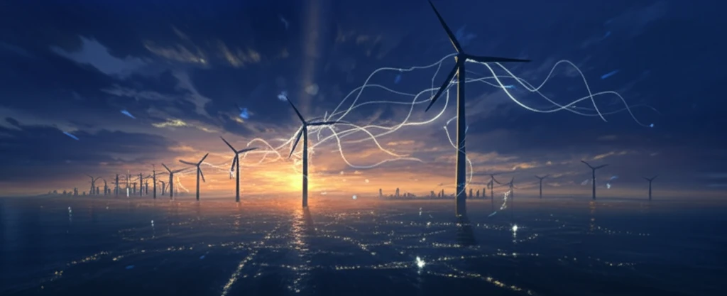 Offshore wind farm at sunset, energy flowing to city