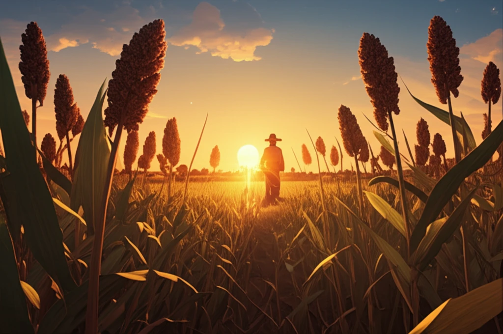Golden sorghum field at sunset.