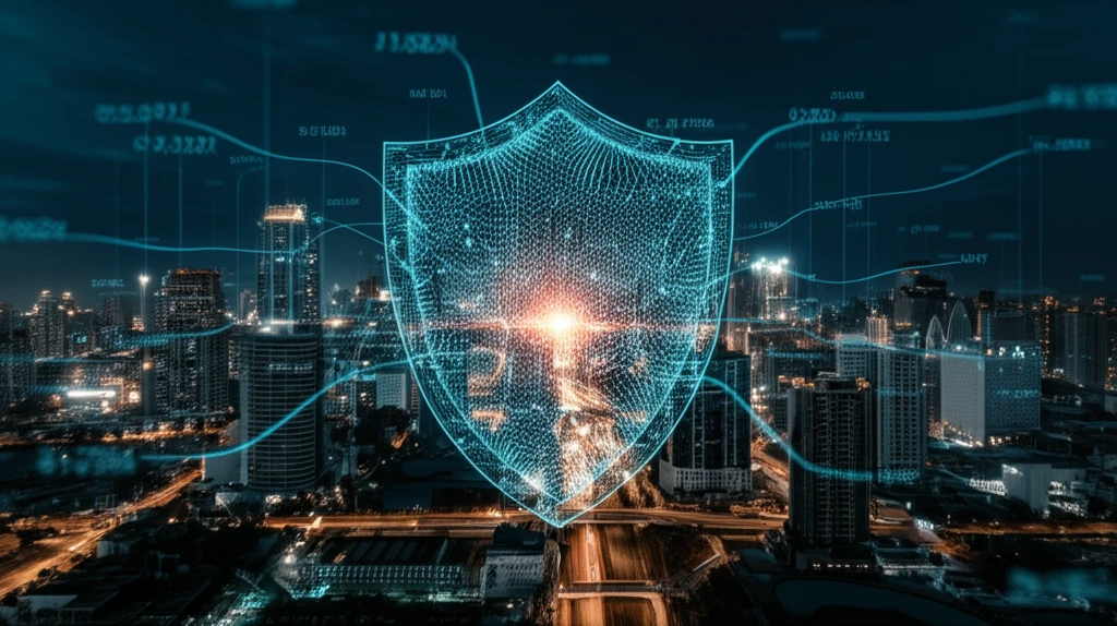 Interconnected financial data streams protect a cityscape.