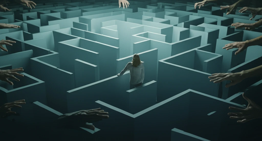 A person navigating a healthcare maze with supportive hands guiding them.