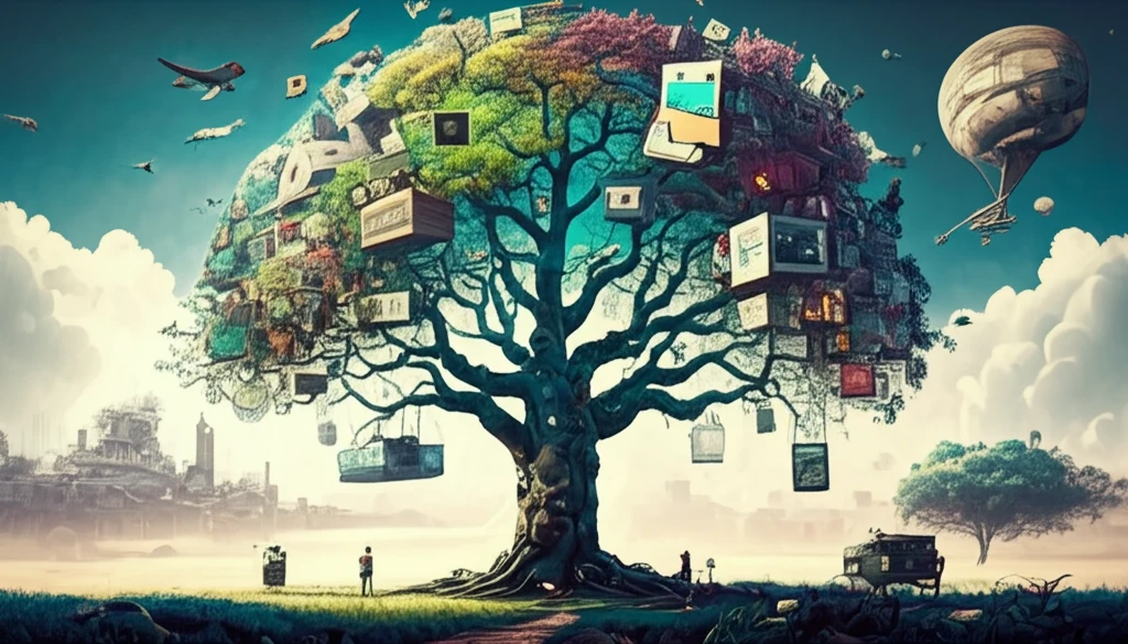 Stylized tree with branches growing into market landscapes, symbolizing strategic entrepreneurial behaviors.