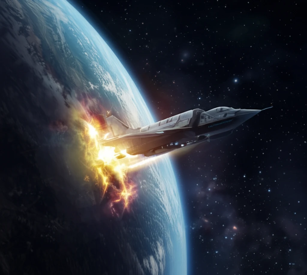 Futuristic spacecraft surrounded by heat waves during atmospheric entry.