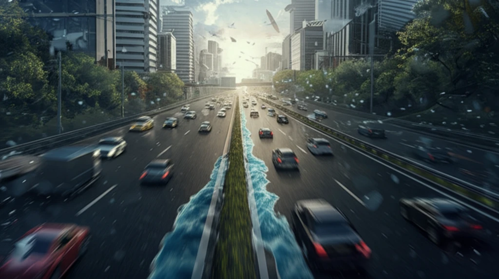 Traffic jam transforming into a flowing river.