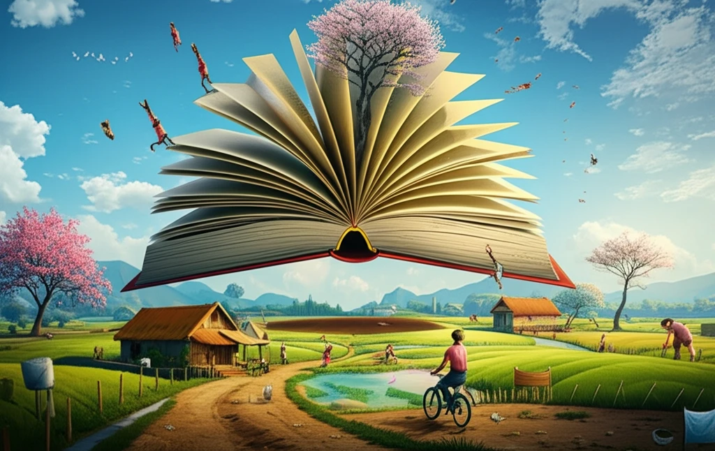 A surreal illustration symbolizing how financial literacy unlocks economic growth in rural communities.