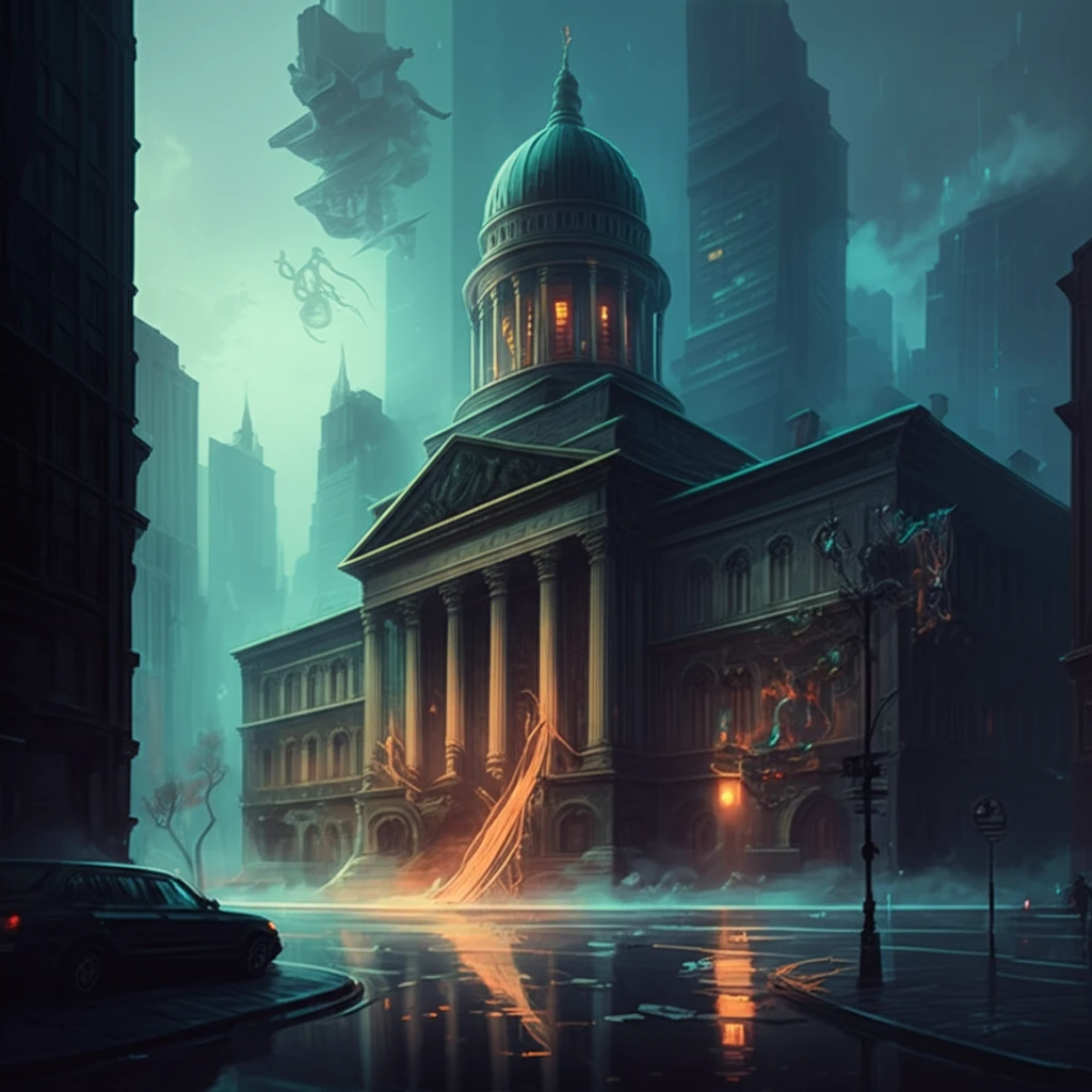 Stylized illustration of government building with financial transactions