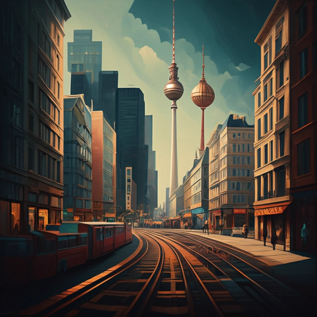 Surreal illustration of Berlin's skyline symbolizing cultural diversity and economic growth.