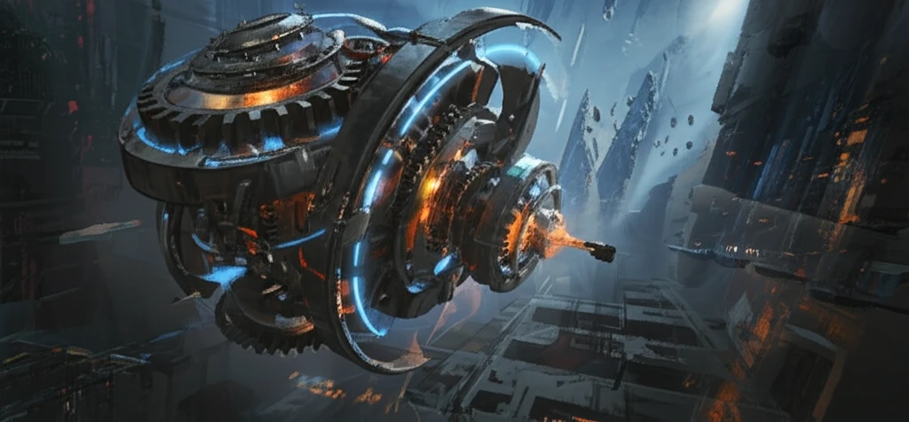 Glowing gas film layers lubricating a complex machine in a futuristic cityscape