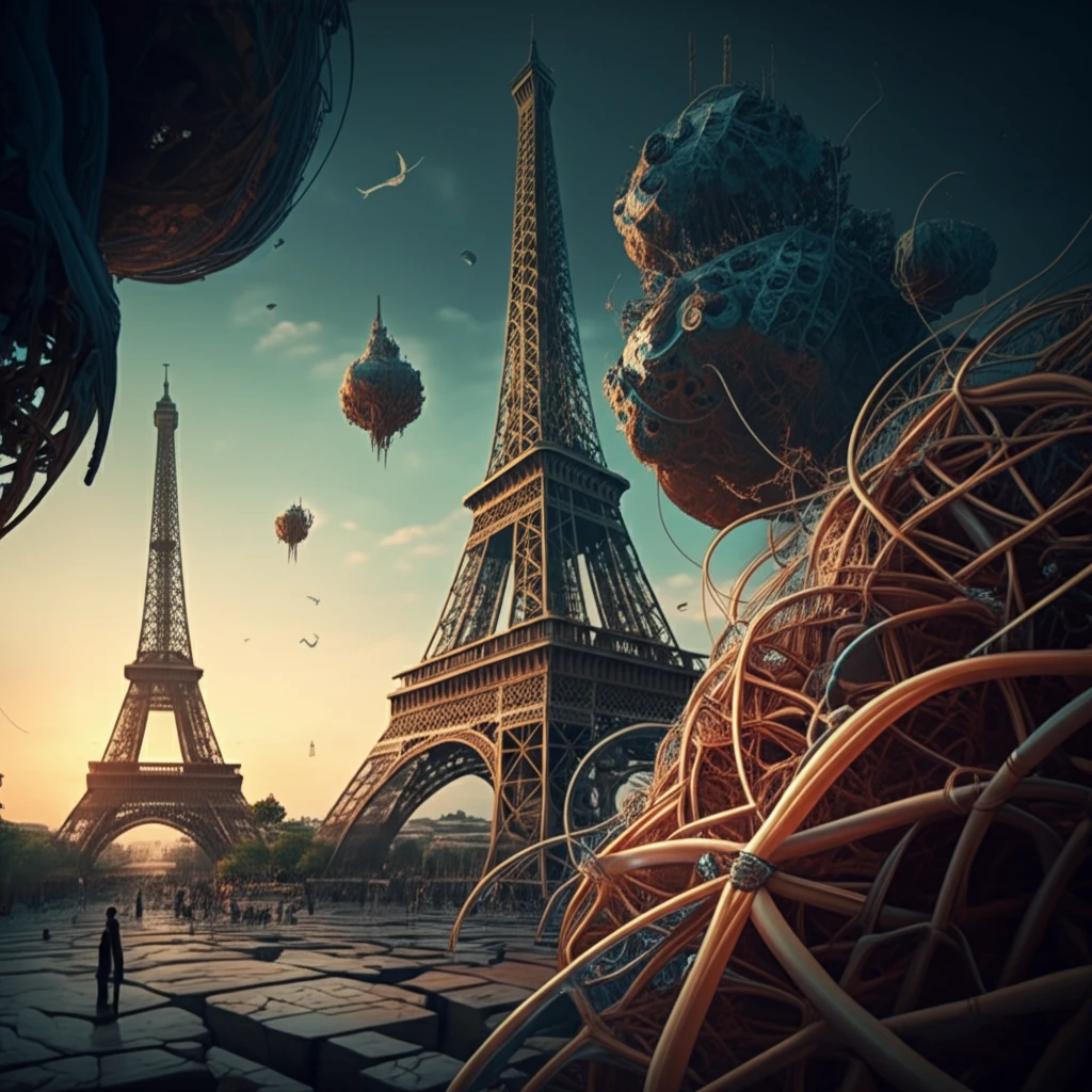 Composite material structure with cracks and fibers, Eiffel Tower in background